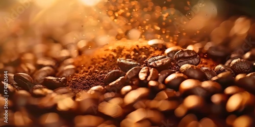 Close-up of dark roasted coffee beans with sparkling golden light, creating a warm, inviting atmosphere.