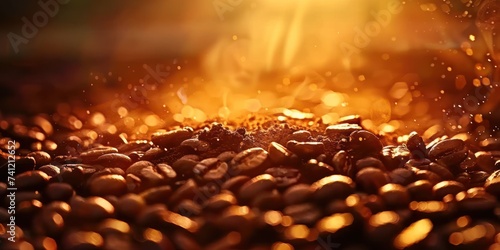Close-up of dark roasted coffee beans with sparkling golden light, creating a warm, inviting atmosphere.