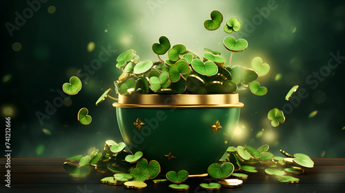 black pot full of gold coins and shamrock leaves. st. patrick's day abstract green background for design, banner, invitation. digital art,