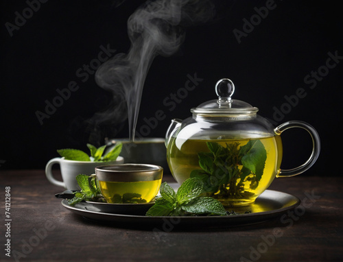 Hot Chinese green tea with mint, with splash pouring from the kettle into the cup, steam rises, dark background, selective focus