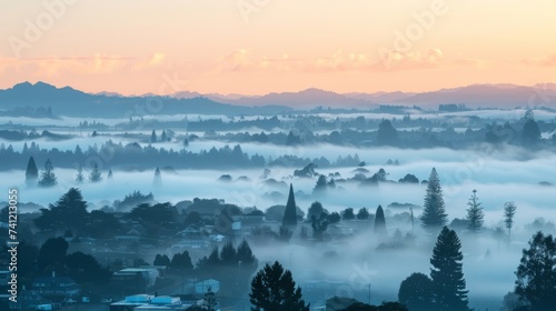 A serene  misty morning envelops a rural landscape  with layers of fog settled between trees and rolling hills under a soft dawn sky.