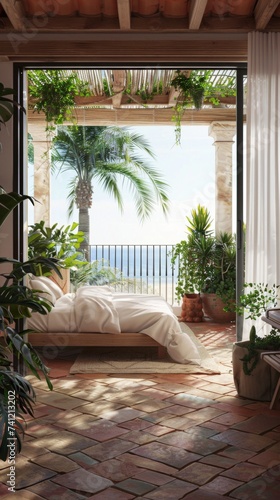 A bedroom with a bed and a view of the ocean