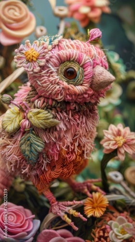 A close up of a stuffed animal surrounded by flowers © Maria Starus