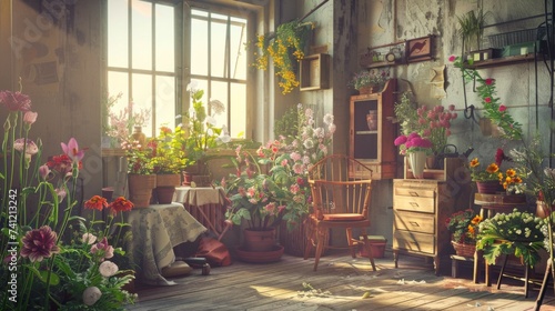 A room filled with lots of flowers next to a window © Maria Starus