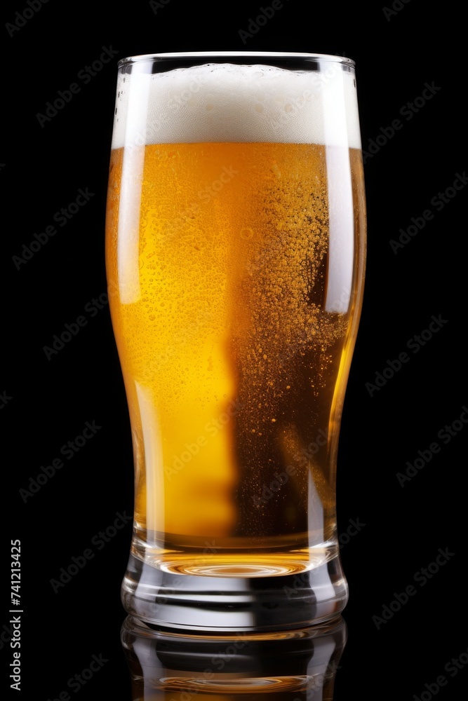Glass of beer with frothy head isolated on black background Glass of beer with frothy head isolated on black background