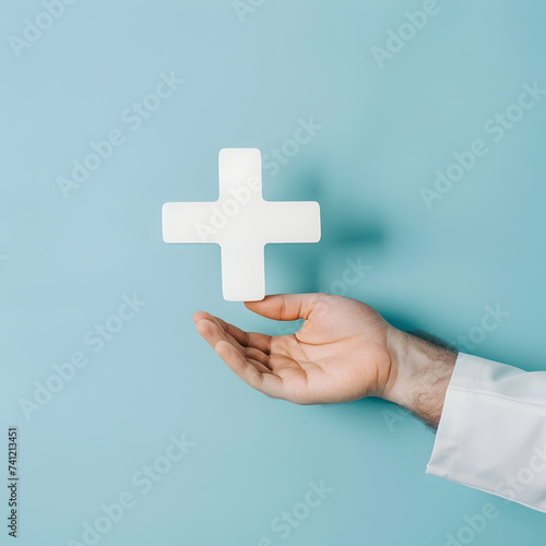 man's hand holding plus icon on blue background. Plus sign virtual means to offer positive thing like benefits, personal development, social network Profit,health insurance, growth concepts
