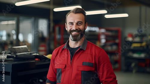 smiling mechanic in the workshop. 