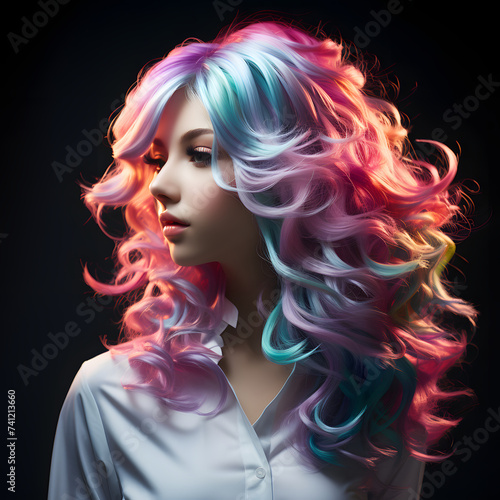 Cute and Beautiful Woman with Colorful Wavy Hair with Shiny Effect