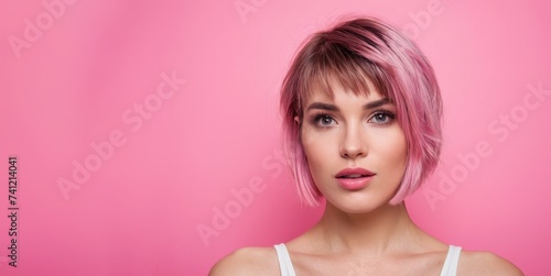 Surprised woman with pink short hair over pink background