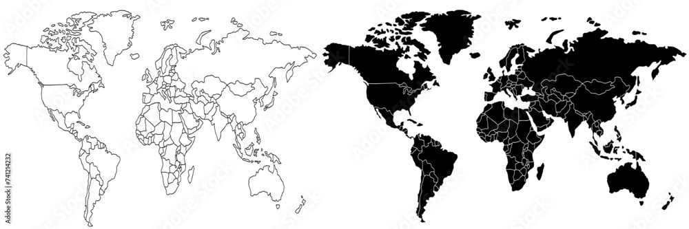 World map with line art and silhouette. Illustration of world map on white background. Pro vector of world map. Silhouette of world map.