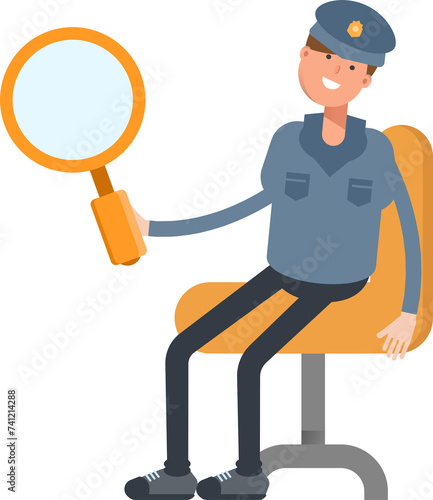 Police Character Sitting and Holding Magnifier 