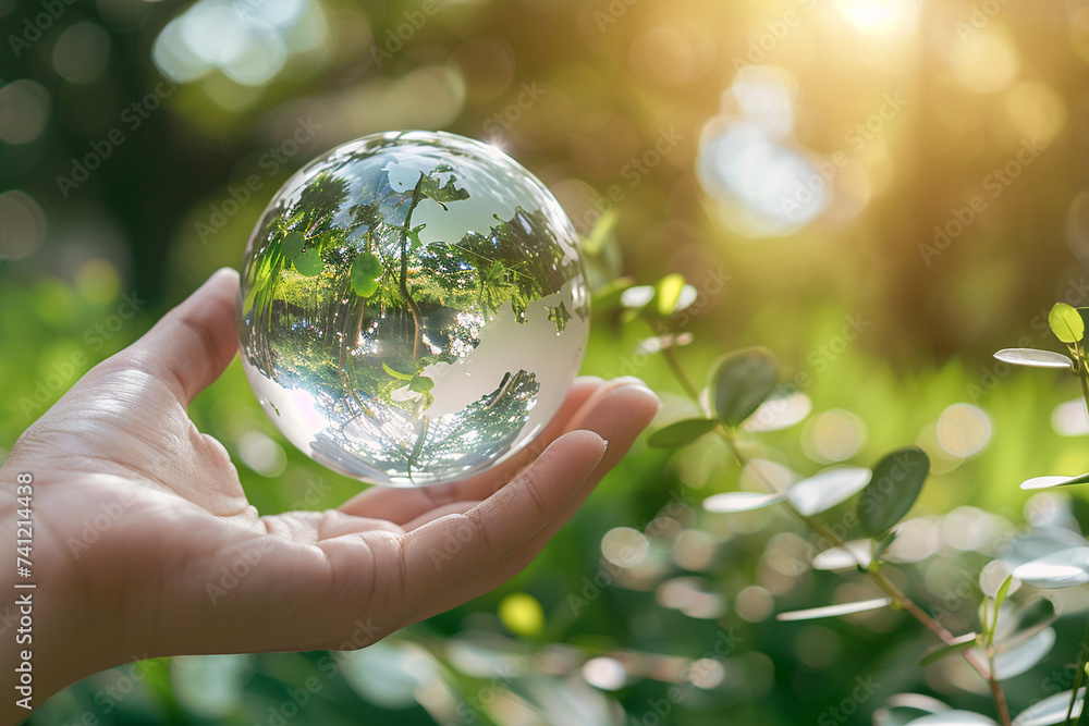 renewable energy light bulb with green energy, Earth Day or environment protection Hands protect forests that grow on the ground and help save the world, solar panels	