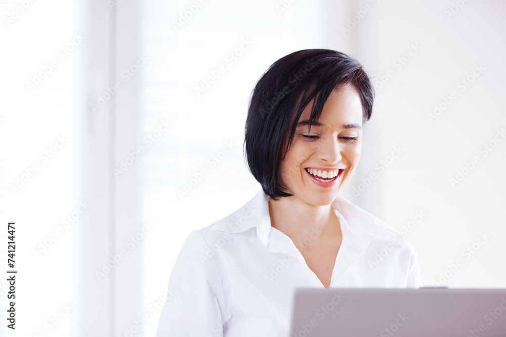 Woman, business and laughing with laptop, internet and information while working as Market Research Analyst. Female person, employee and computer for browsing, online and happiness for product sales Woman, business and laughing with laptop, internet and information while working as Market Research Analyst. Female person, employee and computer for browsing, online and happiness for product sales