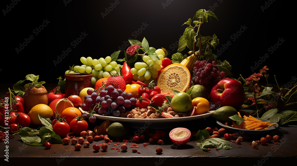 A Bountiful Harvest: Assorted Fresh Fruits, Nuts, and Vegetables Displayed Elegantly Against a Dark Background A Bountiful Harvest: Assorted Fresh Fruits, Nuts, and Vegetables Displayed Elegantly Against a Dark Background