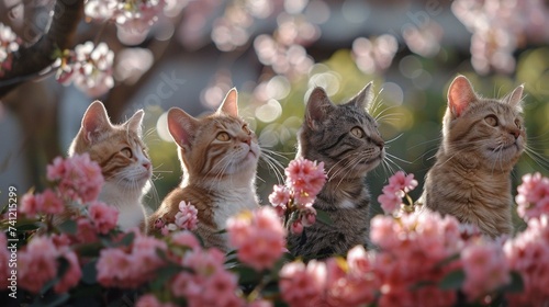 春のお花見：桜の満開の中で4匹並んで花を眺める動物たちの祝祭(猫)