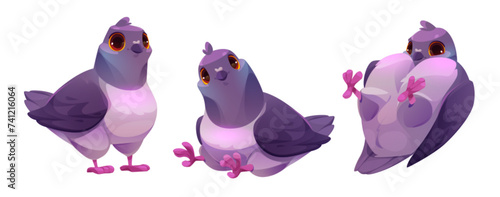 Cute pigeon cartoon character with smiling face emotion in different poses. Vector illustration set of funny wild dove standing, sitting and laying on back. Collection of bird mascot with blue wings.