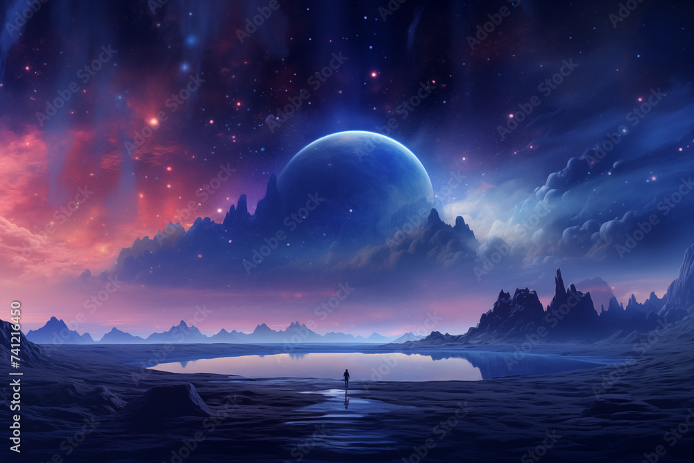 Fototapeta premium Mystical Night: A Lone Figure Amidst an Ethereal Cosmic Landscape