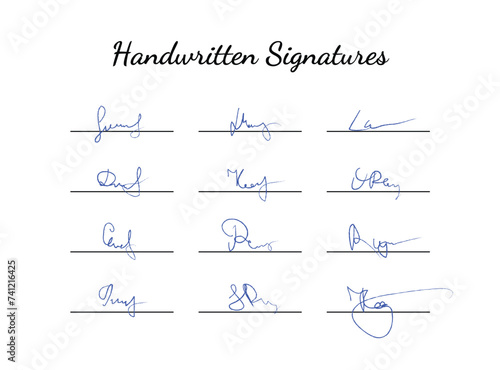 Handwritten fake signature collection. Fictitious autograph set. Signature in blue pen color. Lettering for business, signing of documents, certificates and contracts. 