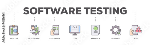 Software testing icons process flow web banner illustration of bugs, code, usability, approach, application, development, analysis icon live stroke and easy to edit 