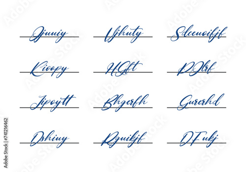 Fictitious autograph set. Lettering for business, signing of documents, certificates and contracts. Signature in blue pen color. Handwritten fake signature collection.  photo