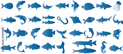 fish silhouette, Blue silhouettes of diverse marine species, including fish, seahorse, jellyfish. Perfect for aquatic, underwater wildlife, and educational content. Vector design illustration.