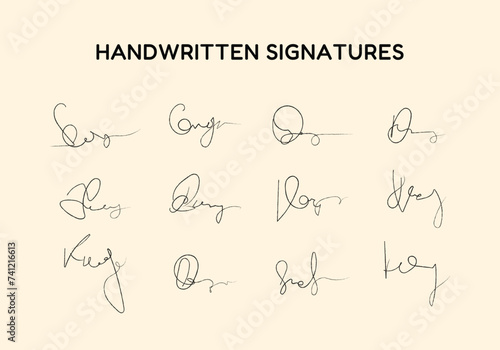Signature in black pen color. Handwritten fake signature collection. Lettering for business, signing of documents, certificates and contracts. Fictitious autograph set. 