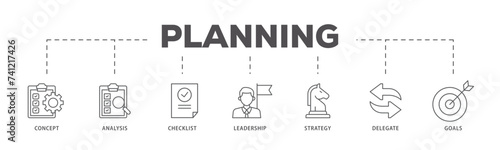 Planning icons process flow web banner illustration of concept, analysis, checklist, leadership, strategy, delegate and goals icon live stroke and easy to edit 