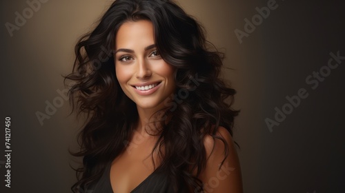 Smiling Brunette Woman in Studio Portrait Radiates Happiness and Beauty with a Fashionable Expression