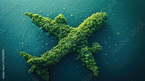 Creative rendering of an airplane consisting entirely of green leaves against a blue background. which is a symbol of environmentally friendly tourism