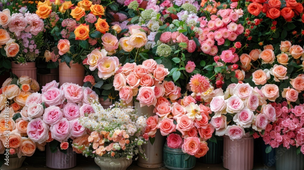 Lush roses in shades of pink, peach, and white are artfully arranged in vases in a bright flower market.