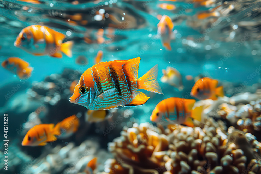 Naklejka premium Under water view of fish and coral abstract background. Generative ai.