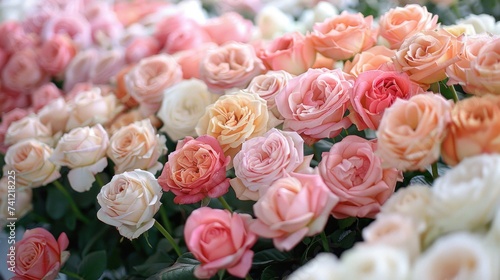 Lush roses in shades of pink  peach  and white are artfully arranged in vases in a bright flower market.