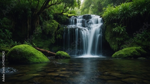 small waterfall with river in the dark jungle, greenery scenery 