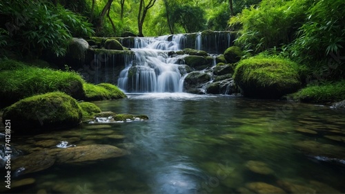 small waterfall with river in the dark forest 
