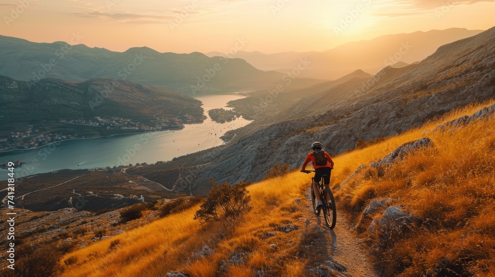 Cyclist Riding the Bike in the Beautiful Mountains Down the Rock on the Sunrise Sky Background. Extreme Sport and Enduro Biking Concept