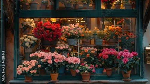 A quaint flower shop window overflows with lush, beautifully arranged bouquets of roses, inviting passersby to admire the natural beauty and fragrance © sirisakboakaew