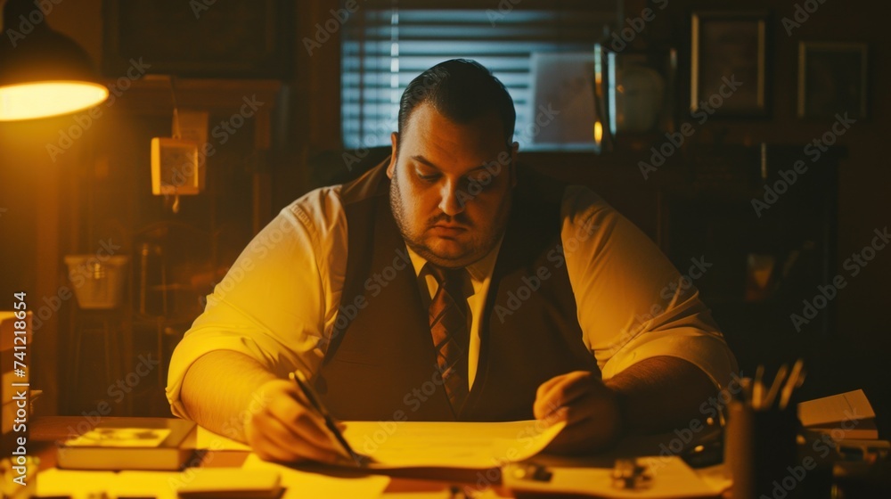 Oversize fat caucasian white man sitting in the working table Oversize fat caucasian white man sitting in the working table