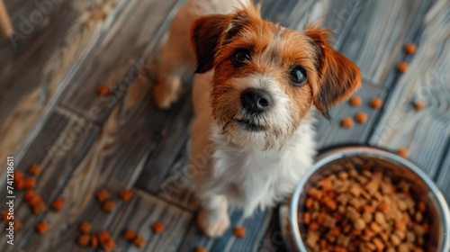The attentive Jack Russell Terrier looked up expectantly. Waiting to eat a bowlful of dog food on a wooden floor