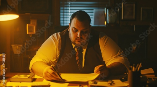 Oversize fat caucasian white man sitting in the working table