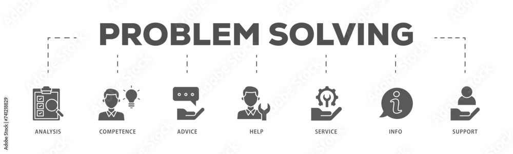 Problem solving icons process flow web banner illustration of analysis, critical thinking, creativity, emotional intelligence, research, team building icon live stroke and easy to edit Problem solving icons process flow web banner illustration of analysis, critical thinking, creativity, emotional intelligence, research, team building icon live stroke and easy to edit