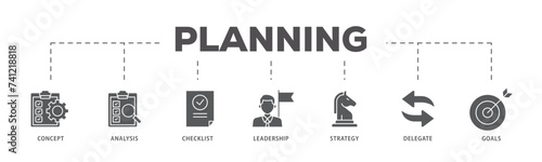 Planning icons process flow web banner illustration of concept, analysis, checklist, leadership, strategy, delegate and goals icon live stroke and easy to edit 