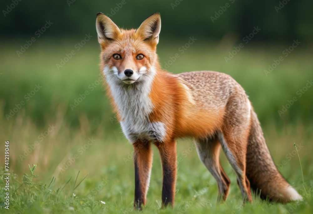 Red fox, vulpes vulpes, standing on a meadow and looking to camera. Blurred green background in summer forest Red fox, vulpes vulpes, standing on a meadow and looking to camera. Blurred green background in summer forest