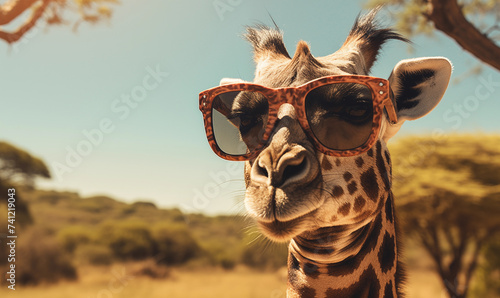 Giraffe wearing sunglasses outside in the hot landscape; funny personification of wildlife