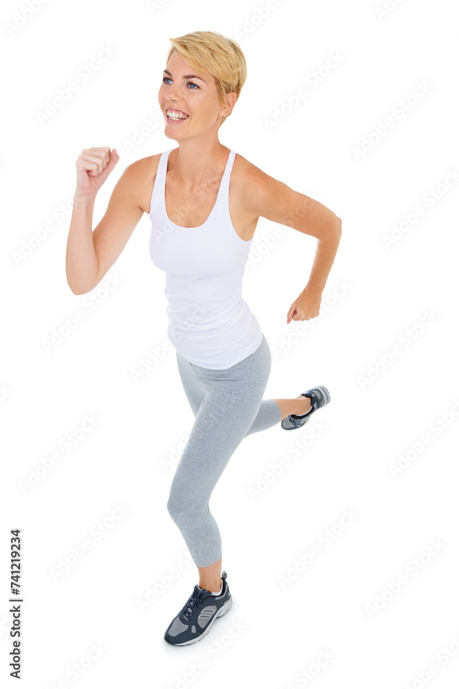 Woman, cardio and running for fitness and health in studio, speed and action with energy on white background. Fast, challenge with runner or athlete in race, workout or training with exercise Woman, cardio and running for fitness and health in studio, speed and action with energy on white background. Fast, challenge with runner or athlete in race, workout or training with exercise