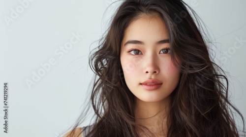 Beautiful Asian woman reveals flawless skin and long flowing hair in striking photo