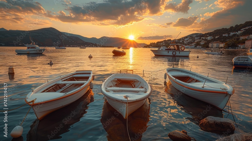 Small boats on calm water, moored in the harbor during sunset. - obrazy, fototapety, plakaty 