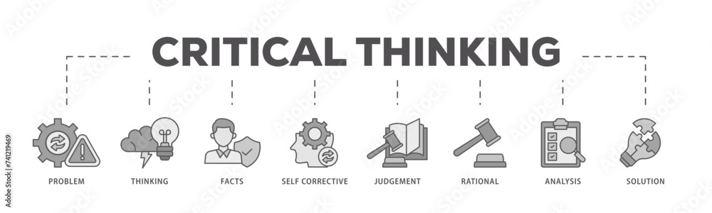Critical thinking icons process flow web banner illustration of solution, analysis, self corrective, rational, judgement, facts, thinking, problem icon live stroke and easy to edit Critical thinking icons process flow web banner illustration of solution, analysis, self corrective, rational, judgement, facts, thinking, problem icon live stroke and easy to edit