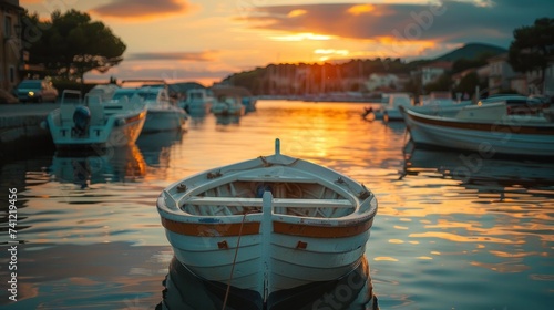 Small boats on calm water, moored in the harbor during sunset.