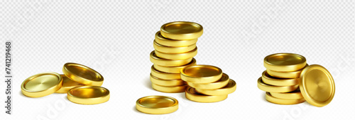 Stack of gold coin of different size. Realistic 3d vector golden metal money in pile. Financial and bank game or casino cash treasure. Heap of empty circular currency for profit and wealth concept.