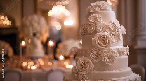 Stunning white wedding cake embellished with intricate rose details, set against the backdrop of an elegant reception venue.